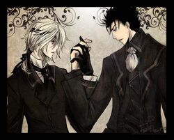 ascot belialchan black_hair blonde_hair border dated eyepatch fay_d_flourite formal gloves hand_holding holding_hands jacket kurogane male multiple_boys necktie ponytail profile short_hair signature tsubasa_chronicle vines watermark web_address 