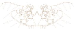  dual_persona eye_contact flandre_scarlet grin hat highres lineart long_hair looking_at_another miki_(mizuki) monochrome smile touhou wings 