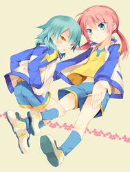  androgynous aqua_eyes aqua_hair blush hands_in_pockets inazuma_eleven inazuma_eleven_(series) inazuma_eleven_go kariya_masaki kirino_ranmaru lightning_bolt looking_at_viewer male multiple_boys outstretched_arms pink_hair raimon shorts soccer_uniform twintails yellow_eyes yukagen 