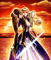  1girl ahoge blonde_hair bracelet bridge dress excalibur fate/zero fate_(series) gilgamesh glowing glowing_weapon green_eyes invisible_air jewelry lifting necklace red_eyes saber snakeskin snakeskin_print sumakaita sunset sword water weapon 