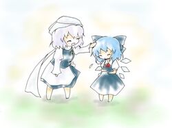  blue_hair bow cirno closed_eyes eyes_closed hair_bow hat letty_whiterock miki_(mizuki) multiple_girls open_mouth petting short_hair smile touhou 