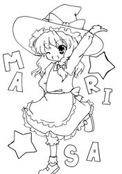  arm_up braid character_name hat kirisame_marisa lineart long_hair miki_(mizuki) monochrome smile solo star touhou wink witch witch_hat 