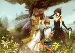  3girls avalon_(fate/stay_night) black_eyes black_hair bob_cut brother_and_sister brown_eyes dress elbow_gloves emiya_shirou fate/stay_night fate/zero fate_(series) flower gloves hair_flower hair_ornament hisau_maiya illyasviel_von_einzbern irisviel_von_einzbern jeanex lily_(flower) long_hair mother_and_daughter mother_and_son multiple_girls raglan_sleeves red_eyes red_hair redhead short_hair siblings silver_hair spider_lily tree white_hair young 