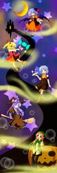  absurdres blonde_hair blue_eyes blue_hair broom broom_riding crescent_moon flandre_scarlet highres hong_meiling izayoi_sakuya jack-o'-lantern jack-o'-lantern long_hair miki_(mizuki) moon multiple_girls open_mouth patchouli_knowledge purple_eyes purple_hair red_eyes remilia_scarlet scarf smile star touhou violet_eyes 