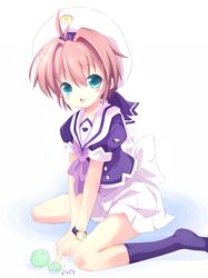 ahoge blush brown_hair card_captor_sakura crossdress crossdressing footwear green_eyes hat kinomoto_sakura male marino_roki marinon open_mouth original pink_hair ribbon sailor sailor_hat sailor_uniform school_uniform serafuku short_hair sitting skirt socks solo trap 