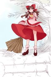  ascot bad_id bow broom brown_eyes brown_hair detached_sleeves hair_bow hair_tubes hakurei_reimu long_hair miko sofy solo touhou 