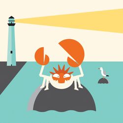  flat_color highres kingler lighthouse no_humans pokemon seagull solo trevor_basset water 