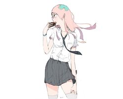  coco_(tsuritama) cookie food glasses kneehighs necktie open_mouth pink_hair school_uniform skirt thigh-highs thighhighs tsuritama uki_atsuya zettai_ryouiki 