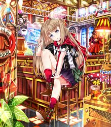  1girl ankle_boots blue_eyes brown_hair fan flower innertube lamp lights original plant rabbit sitting socks stool yuna_(rutera) 