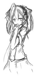  ahoge arceonn finger_to_mouth grado_labs headphones long_hair monochrome solo tachibana_isana twintails yumekui_merry 