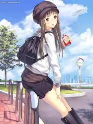  :o backpack bag blimp bottle brown_eyes brown_hair hat ilog long_hair mana_kakkowarai mirror open_mouth original sitting skirt solo tsutsui_aki 