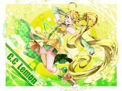  bikini blonde_hair c.c._lemon c.c._lemon_(character) food fruit green_eyes hair_ornament highres jewelry lemon long_hair necklace nou original solo striped swimsuit thigh-highs thighhighs very_long_hair 