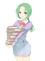  akimoto_komachi book bow carrying green_eyes green_hair hairband long_hair minazuki_randoseru ponytail precure school_uniform simple_background solo white_background yes!_precure_5 