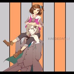  1girl bow braid brown_eyes brown_hair carrying formal grey_hair hair_bow hair_ornament hairclip highres kaburagi_kaede long_hair one_side_up sasai_rinko_(hyakkin69) shoulder_carry side_ponytail suit tiger_&amp;_bunny vest yuri_petrov 