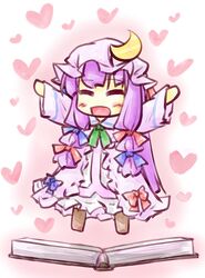  :d arms_up book bow chibi closed_eyes dress eyes_closed hair_bow highres long_hair natsuki_(silent_selena) open_mouth patchouli_knowledge purple_hair smile solo touhou 