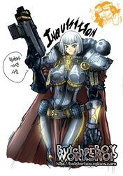  bob_cut butcherboy cape emperor_of_mankind explosive grenade korean power_armor science_fiction short_hair sisters_of_battle thumbs_up tunic warhammer_40k white_hair 