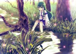  bad_id breasts detached_sleeves feet_in_water fireflies frog_hair_ornament grass green_hair hair_ornament kochiya_sanae light_smile long_hair misumi_(outlaw) reflection ripples sitting skirt snake soaking_feet solo stream touhou tree vest water wide_sleeves yellow_eyes 
