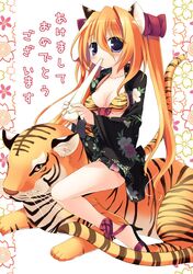  animal_ears bikini cat_ears cat_tail food mochi new_year sazaki_ichiri swimsuit tail tiger wagashi 