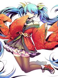 1girl blue_eyes blue_hair hatsune_miku jumping long_hair ogamon skirt solo thighhighs twintails very_long_hair vocaloid white_background
