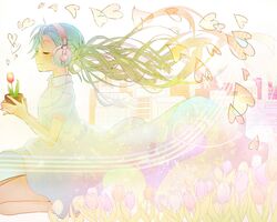  aqua_hair building city dress flower flowers hatsune_miku headphones heart keishi long_hair twintails vocaloid white 