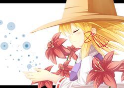  bangs blonde_hair blush bust closed_eyes eyes_closed flower gamuo hair_ribbon hat highres lily_(flower) moriya_suwako profile ribbon shirt smile solo touhou vest 