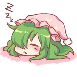  closed_eyes eyes_closed green_hair hat kazami_yuuka kazami_yuuka_(classic) lowres mokku sleeping solo touhou yukkuri_shiteitte_ne 