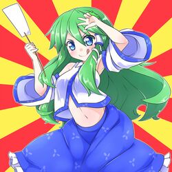  1girl :p blue_eyes blush breasts detached_sleeves frog_hair_ornament gohei green_hair hair_ornament hair_tubes kochiya_sanae long_hair skirt smile snake_hair_ornament solo tongue touhou 