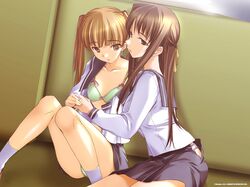  2girls bra brown_eyes brown_hair green_bra green_panties long_hair open_shirt open_skirt panties ribbons ringetsu school_uniform sitting socks twintails underwear yuri 
