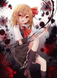  amano-sora ascot black_legwear blonde_hair blush hair_ribbon highres leg_up open_mouth red_eyes ribbon rumia shirt short_hair skirt skirt_set smile socks solo touhou youkai 