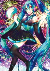  aqua_eyes aqua_hair bad_id boots detached_sleeves fan fireworks hatsune_miku headphones long_hair open_mouth paper_fan piano_keys sazanami_shione skirt solo thigh-highs thigh_boots thighhighs twintails uchiwa very_long_hair vocaloid 