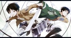  2boys ascot belt black_eyes black_hair boots brown_eyes cape eren_jaeger highres jacket levi_(shingeki_no_kyojin) multiple_boys shingeki_no_kyojin sword thigh_strap weapon wire wowishi 
