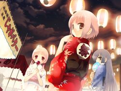  akino_momiji blush cuffs_design fan festival japanese_clothes kiriyama_sakura koin night pink_hair red_eyes sakura_musubi sera_karen 