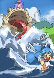  blue_hair bow cirno dress frog frozen hair_bow hat moriya_suwako multiple_girls open_mouth shiba_murashouji short_hair sketch tears tongue touhou wings you_gonna_get_raped 