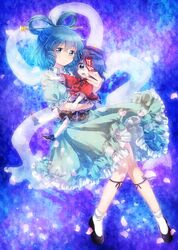  2girls beret blue_dress blue_eyes blue_hair carrying child dress fang hair_ornament hair_rings hair_stick hat highres hug jiangshi kaku_seiga miyako_yoshika multiple_girls ofuda onyuuuu open_mouth outstretched_arms petals puffy_sleeves shawl shirt short_hair short_sleeves skirt smile touhou young zombie_pose 