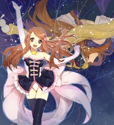  animal_hat bare_shoulders black_legwear breasts brown_hair cleavage dual_persona hat jamijami long_hair mawaru_penguindrum multiple_girls outline princess_of_the_crystal purple_eyes takakura_himari thigh-highs thighhighs violet_eyes 