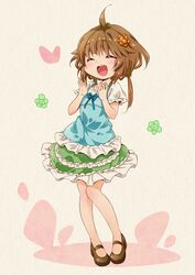  ahoge bad_id brown_hair closed_eyes eyes_closed frilled_skirt happy jigatei_(omijin) omijin open_mouth original short_hair skirt 