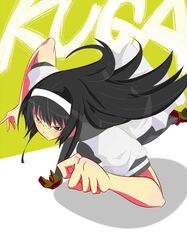  black_hair brown_eyes cynthia_the_mission hairband highres isogai_yuuji kuga_araya long_hair pantyhose running school_uniform 