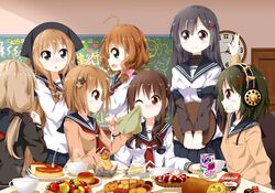  6+girls black_eyes black_hair blue_eyes blush braid brown_eyes brown_hair cake cardigan character_request cleaning_face food food_on_face green_eyes green_hair grin hair_ornament hairband hairclip handkerchief head_scarf houkago_atelier_toiro kirishima_rin_(atelier_toiro) kobayakawa_naru mouth_hold multiple_girls pocky red_eyes school_uniform smile table tray twintails 
