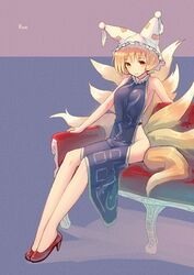  bad_id blonde_hair breasts character_name couch fox_tail hat high_heels kurobuta_gekkan multiple_tails naked_tabard no_panties no_socks shoes short_hair sitting solo tabard tail touhou yakumo_ran yellow_eyes 