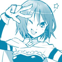  lowres mahou_shoujo_madoka_magica miki_sayaka monochrome shinoasa short_hair solo star v wink 