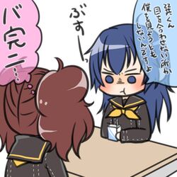  :t blue_eyes blue_hair brown_hair k-a-i kujikawa_rise long_hair lowres multiple_girls persona persona_4 persona_x_detective school_uniform shirogane_naoto translated translation_request twintails 