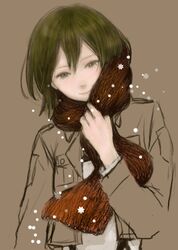  blush brown_eyes brown_hair jacket mikasa_ackerman nico1927 scarf shingeki_no_kyojin short_hair smile 