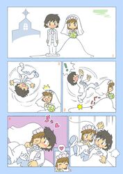  bi-nyo black_hair blush bouquet bridal_veil bride brown_eyes brown_hair church comic falling flower groom heart kiss numbered_panels original simple_background tripping trippingcomic tuxedo veil wedding wedding_dress 