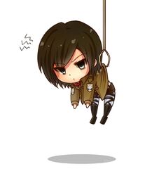  black_eyes black_hair blacknight910 boots chibi hanging highres jacket mikasa_ackerman scarf shingeki_no_kyojin thigh_strap 