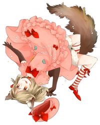  1girl :p :q animal_ears blonde_hair bow dog_ears dog_tail dress elbow_gloves frills gloves hat hat_removed hat_ribbon headwear_removed highres lambdadelta ribbon simple_background smile solo striped striped_legwear symbol-shaped_pupils tail tongue umineko_no_naku_koro_ni upside-down 