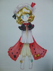  bad_id blonde_hair blue_eyes bow cosplay crescent curly_hair dress hair_ornament hat looking_at_viewer loveeater medicine_melancholy oota_jun'ya_(style) patchouli_knowledge patchouli_knowledge_(cosplay) photo ribbon short_hair touhou traditional_media 