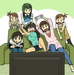  :q amami_haruka arms_up b_suke black_hair brown_hair casual chin_rest constricted_pupils controller couch futami_ami futami_mami game_controller ganaha_hibiki green_hair grin idolmaster idolmaster_sp jeans kikuchi_makoto leaning long_hair multiple_girls nintendo open_mouth otonashi_kotori playing_games pointing shirt short_hair shorts smile striped striped_shirt sweatdrop television tongue video_game wii_u 