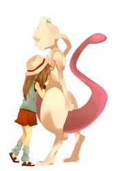  blue_(pokemon) brown_hair bukiko closed_eyes creature eyes_closed hat long_hair mewtwo pokemon pokemon_(game) pokemon_frlg skirt tail 