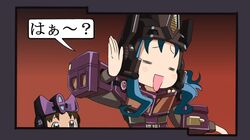  2girls =_= black_hair blue_hair brown_hair crossover enshirou hand_on_ear heartcatch_precure! kurumi_erika long_hair mecha_musume mob multiple_girls no_nose open_mouth optimus_prime parody precure rodimus transformers transformers_shattered_glass translated 