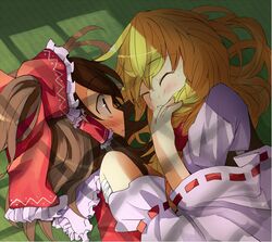  bare_shoulders blonde_hair blush bow braid brown_hair detached_sleeves finger_sucking hair_bow hair_tubes hakurei_reimu kirisame_marisa long_hair multiple_girls no_hat no_headwear sarashi sleeping taker touhou 